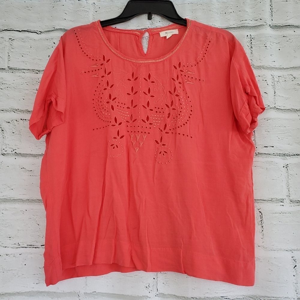 Everly coral laser cutout short sleeve shirt blous